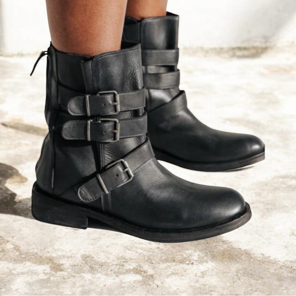 Free People Sunbelt Santa Fe Black Leather Moto Buckle Ankle Boots Size 38